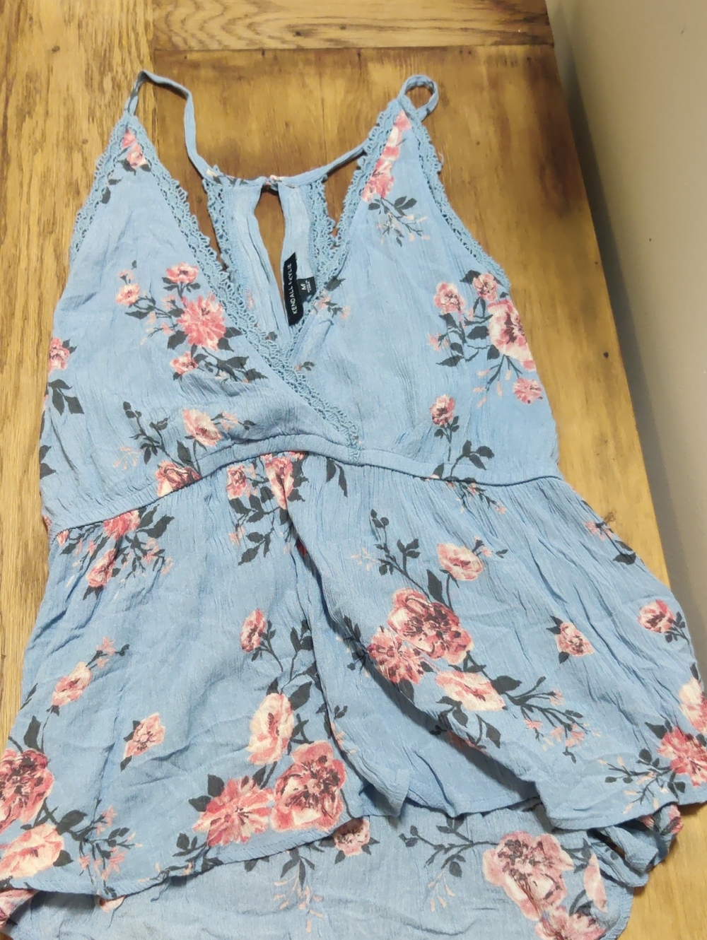 Kendall & Kylie Light Blue Floral Crochet-Trim Top